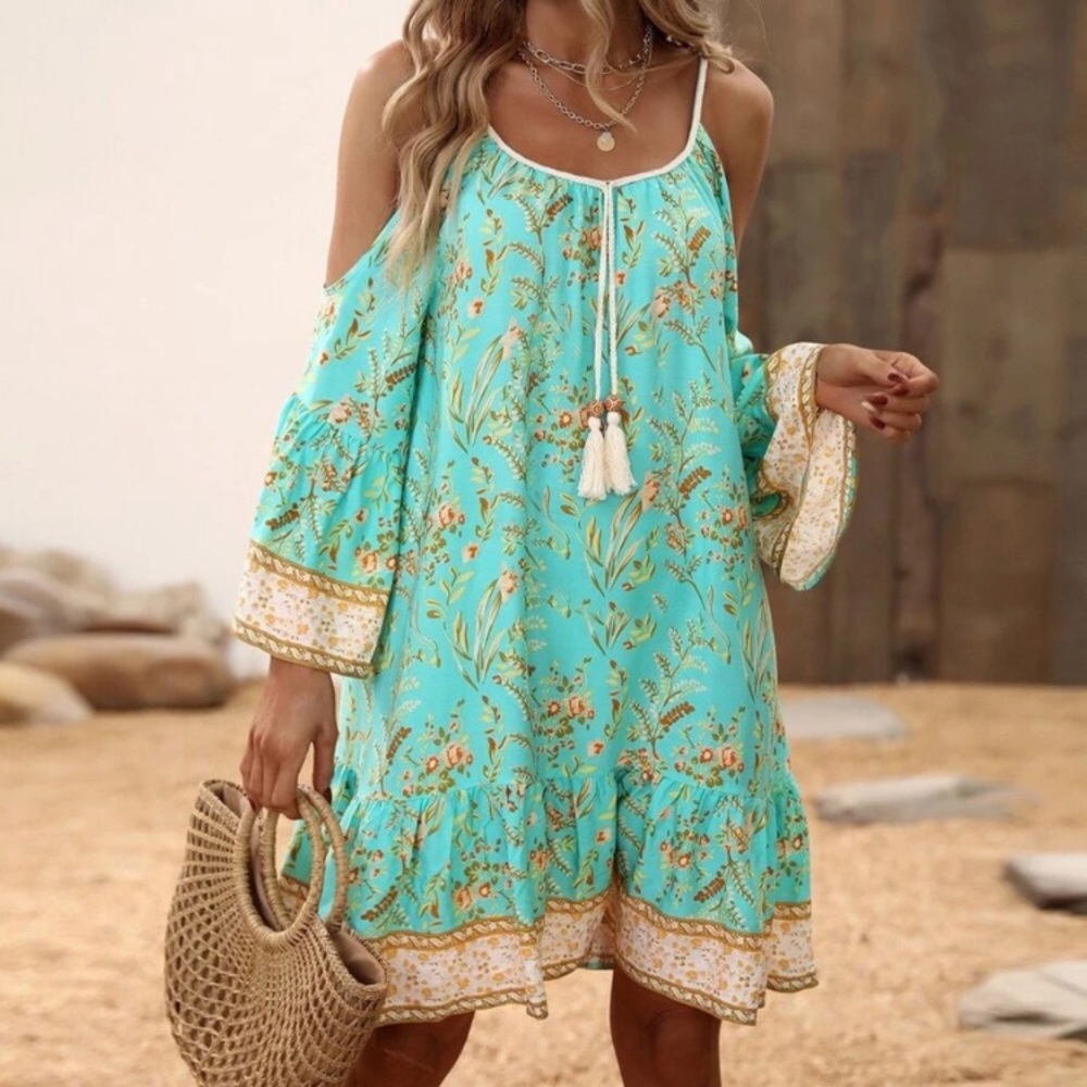 Boho Floral Print Cold Shoulder Mini Dress